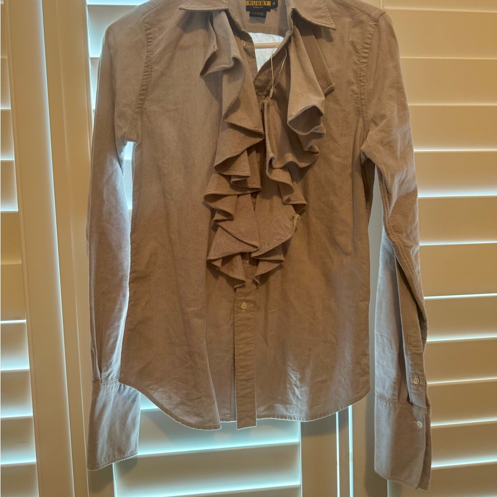 Ralph Lauren Taupe Ruffle Front Blouse